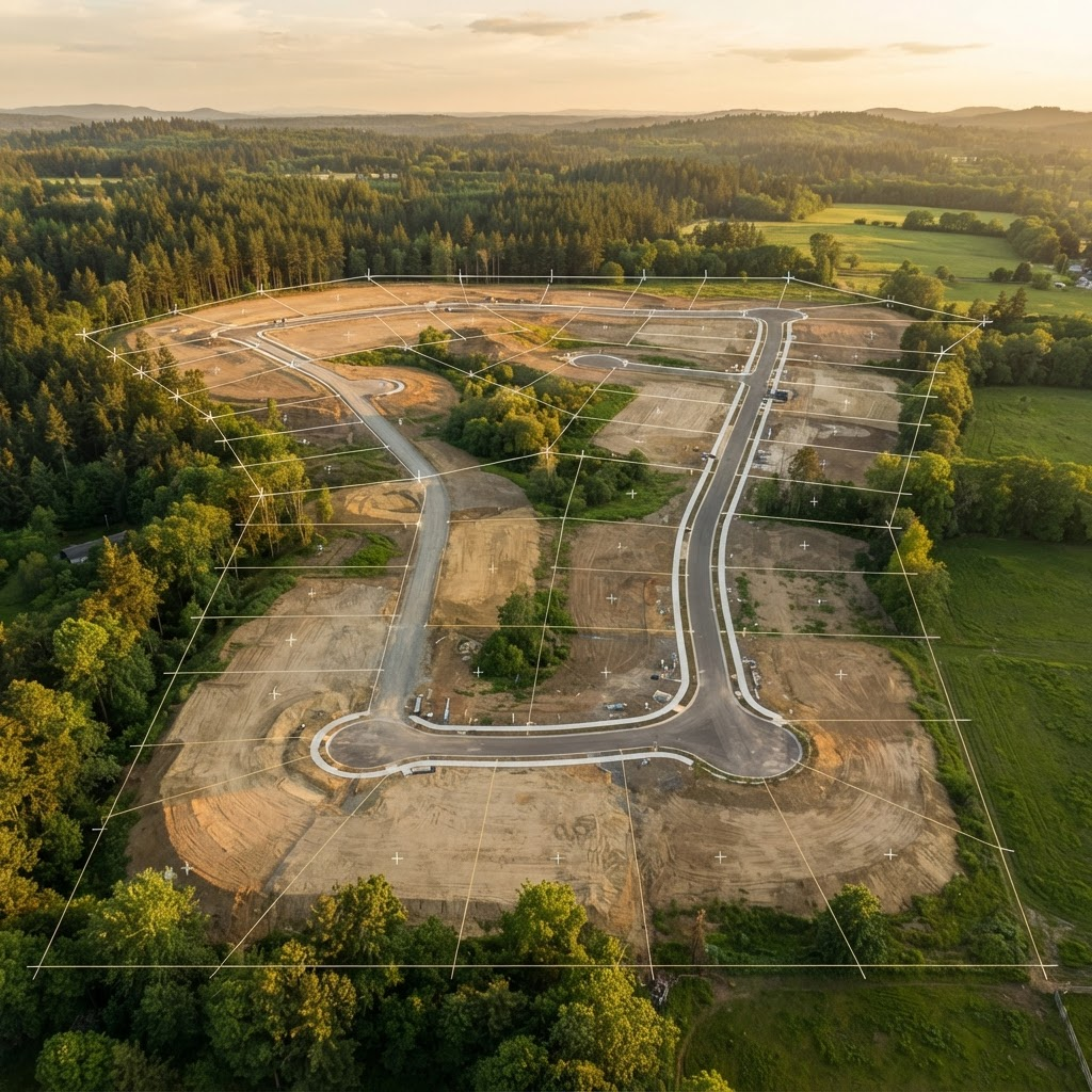 Aerial view of a subdivided land development site at golden hour, overlaid with a digital site plan