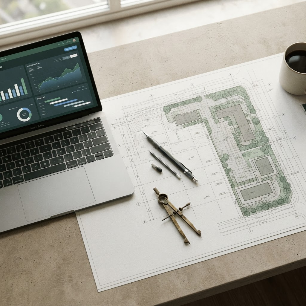 Overhead view of a site plan, laptop dashboard, and drafting tools on a development team's desk